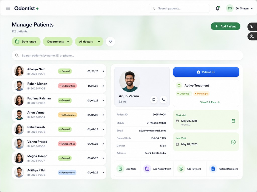 Odontist+ manage patients dashboard with profile and treatment details